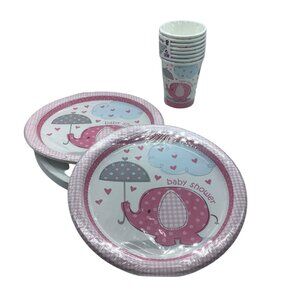 Baby Shower Pink Elephant Party Plates 8 5/8" & Cups Set 8 Ct Each